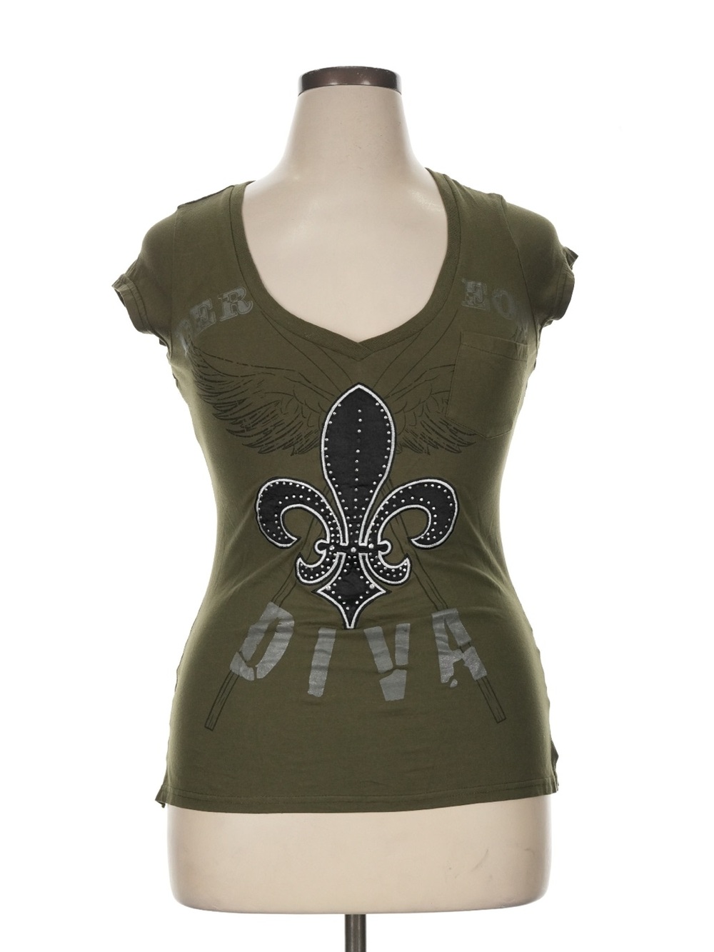 Dereon Olive Green V-Neck Tee with Fleur-de-Lis Graphic